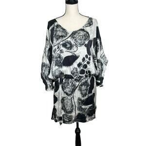 My Tribe Abstract Silk Slit Shoulder Tunic Dress Womens L Art Modern Minimalist